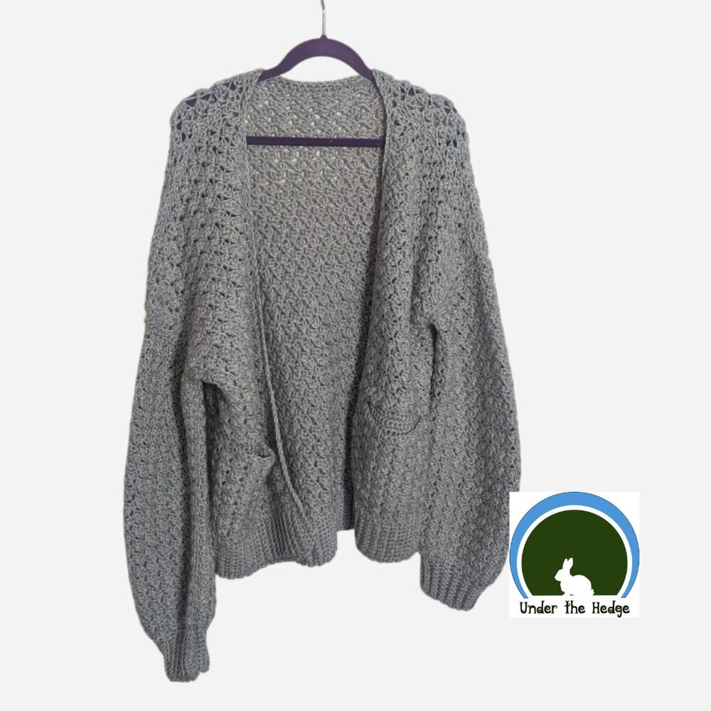 Handmade Gray Soft Chunky Knit Open Cardigan Sweater Pockets Plus Size
